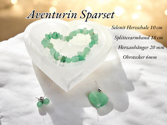 Aventurin grün Edelstein Schmuckset mit hochwertiger Selenit Herzschale 10cm I 4-teilig I - Angst und Allergie