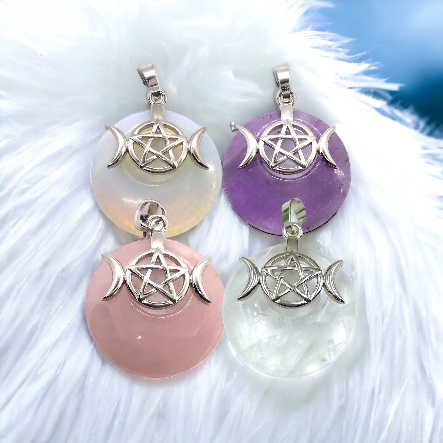 Steinfixx® -  Amethyst Anhänger Donut mit machtvoller Verzierung - dreifacher Mond und Pentagramm | Wicca | Urkraft | Licht | starkes Schutzsymbol