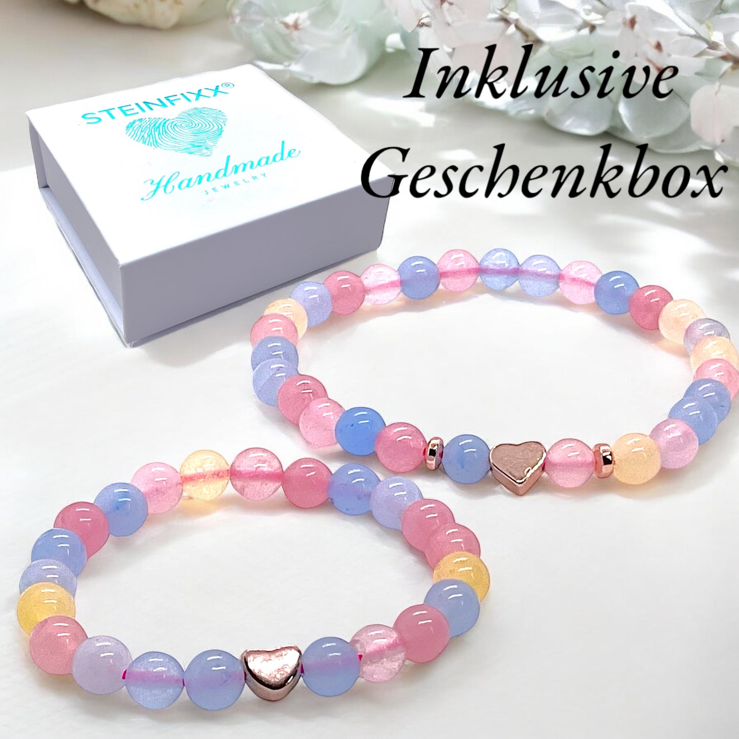 Perlenarmband Set aus Morganit für Mama und Tochter mit 14 k rosèvergoldeten Elementen - Edelsteinarmbänder - Handmade - inclusive Geschenksbox -Symbol der Liebe