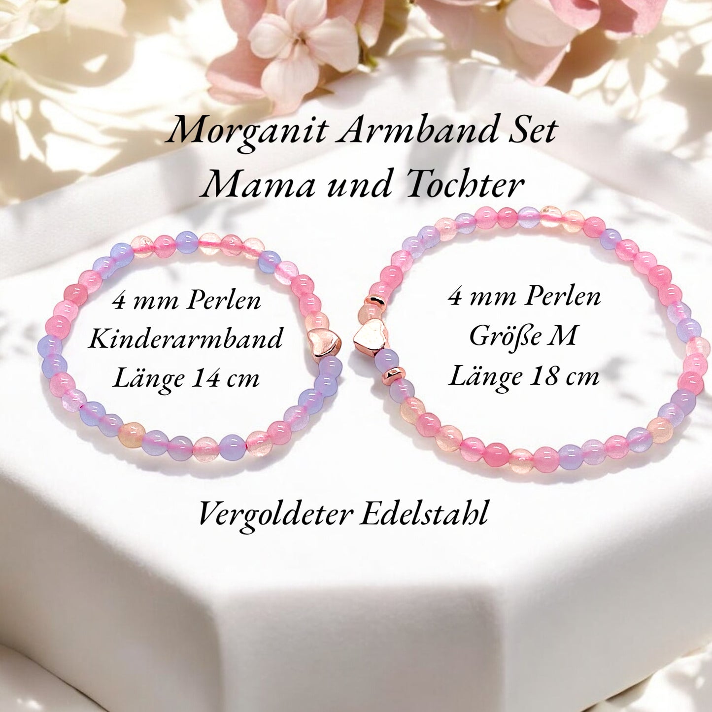 Perlenarmband Set aus Morganit für Mama und Tochter mit 14 k rosèvergoldeten Elementen - Edelsteinarmbänder - Handmade - inclusive Geschenksbox -Symbol der Liebe