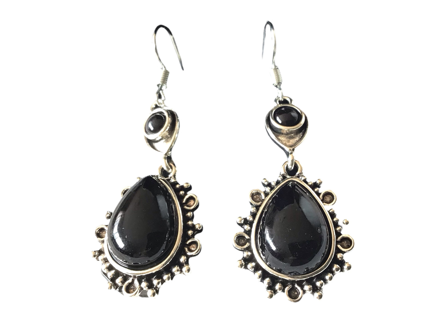 Obsidian Ohrring mit Tropfen | Edelstahl versilbert | Vintage |  in Samtsäckchen | Trachtenschmuck