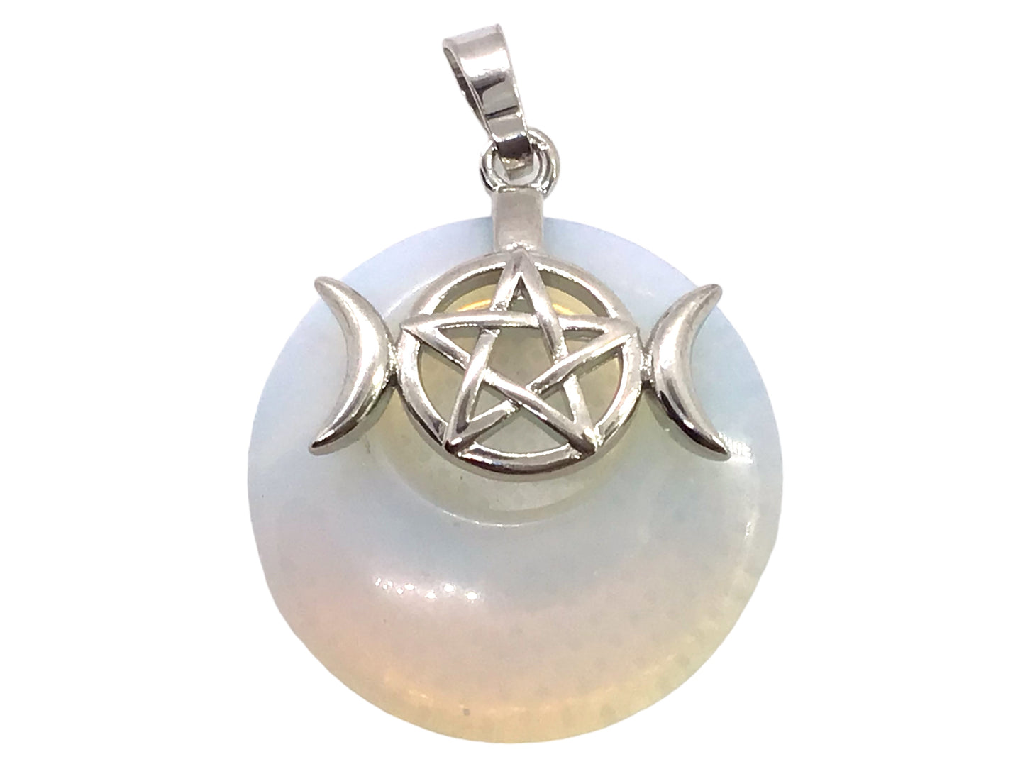 Steinfixx® -  Opalith Donut mit machtvoller Verzierung - dreifacher Mond und Pentagramm | Wicca | Urkraft | Licht | starkes Schutzsymbol