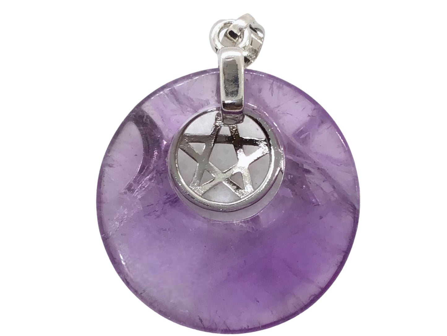 Steinfixx® -  Amethyst Anhänger Donut mit machtvoller Verzierung - dreifacher Mond und Pentagramm | Wicca | Urkraft | Licht | starkes Schutzsymbol