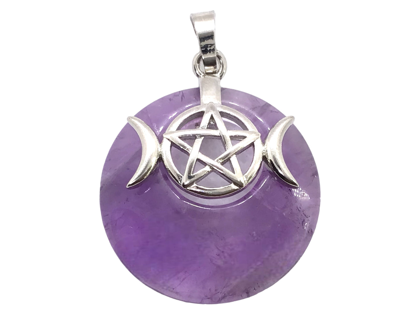 Steinfixx® -  Amethyst Anhänger Donut mit machtvoller Verzierung - dreifacher Mond und Pentagramm | Wicca | Urkraft | Licht | starkes Schutzsymbol