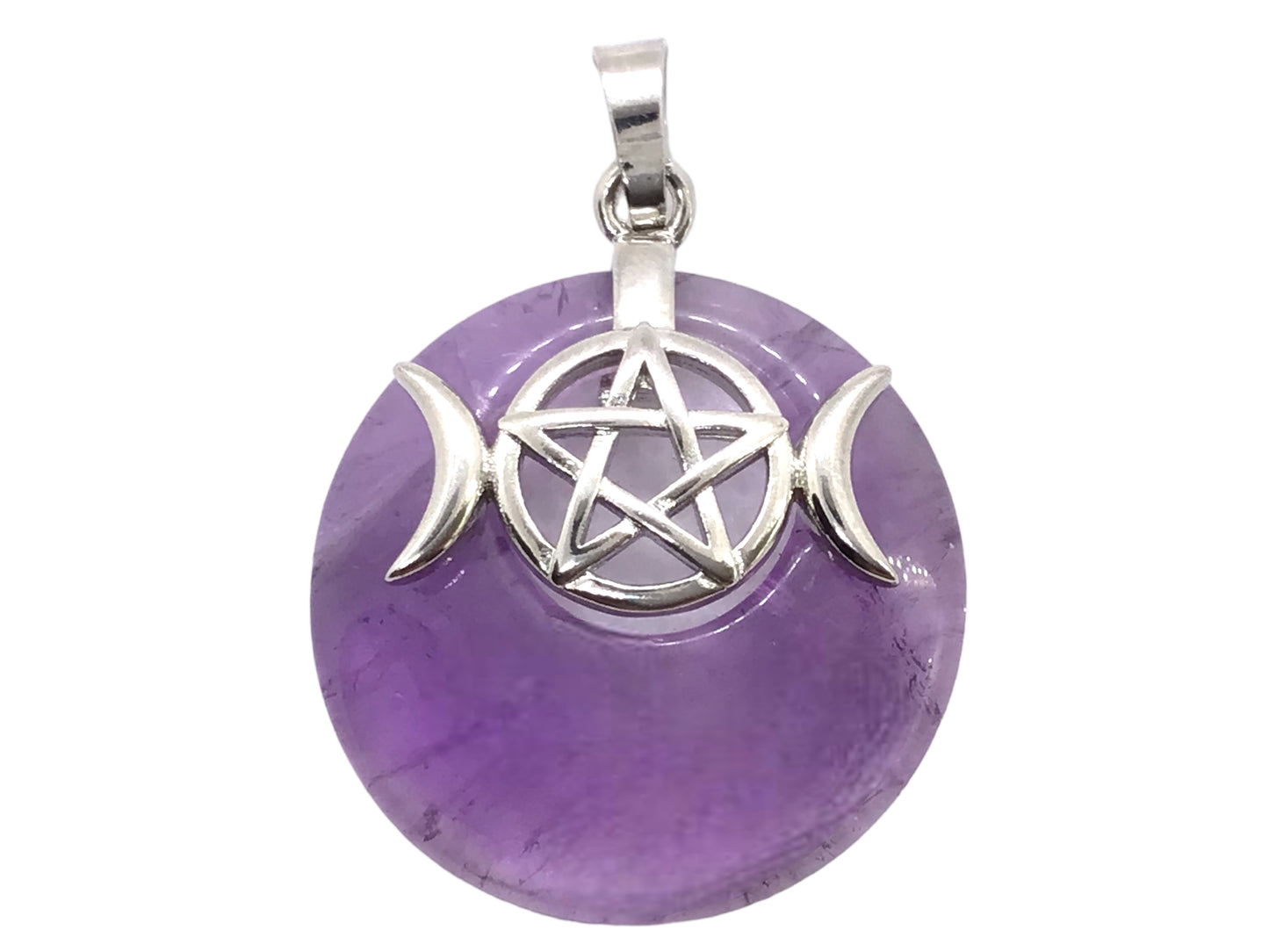 Steinfixx® -  Amethyst Anhänger Donut mit machtvoller Verzierung - dreifacher Mond und Pentagramm | Wicca | Urkraft | Licht | starkes Schutzsymbol