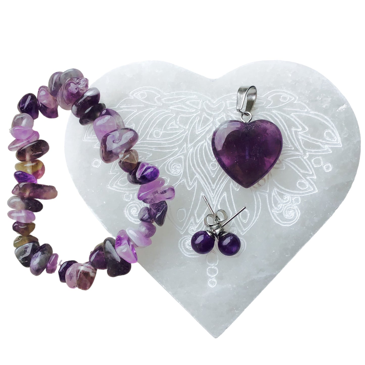 Amethyst Edelstein Schmuckset mit gravierter Selenit Ladeplatte Herz - Energie und Kraft