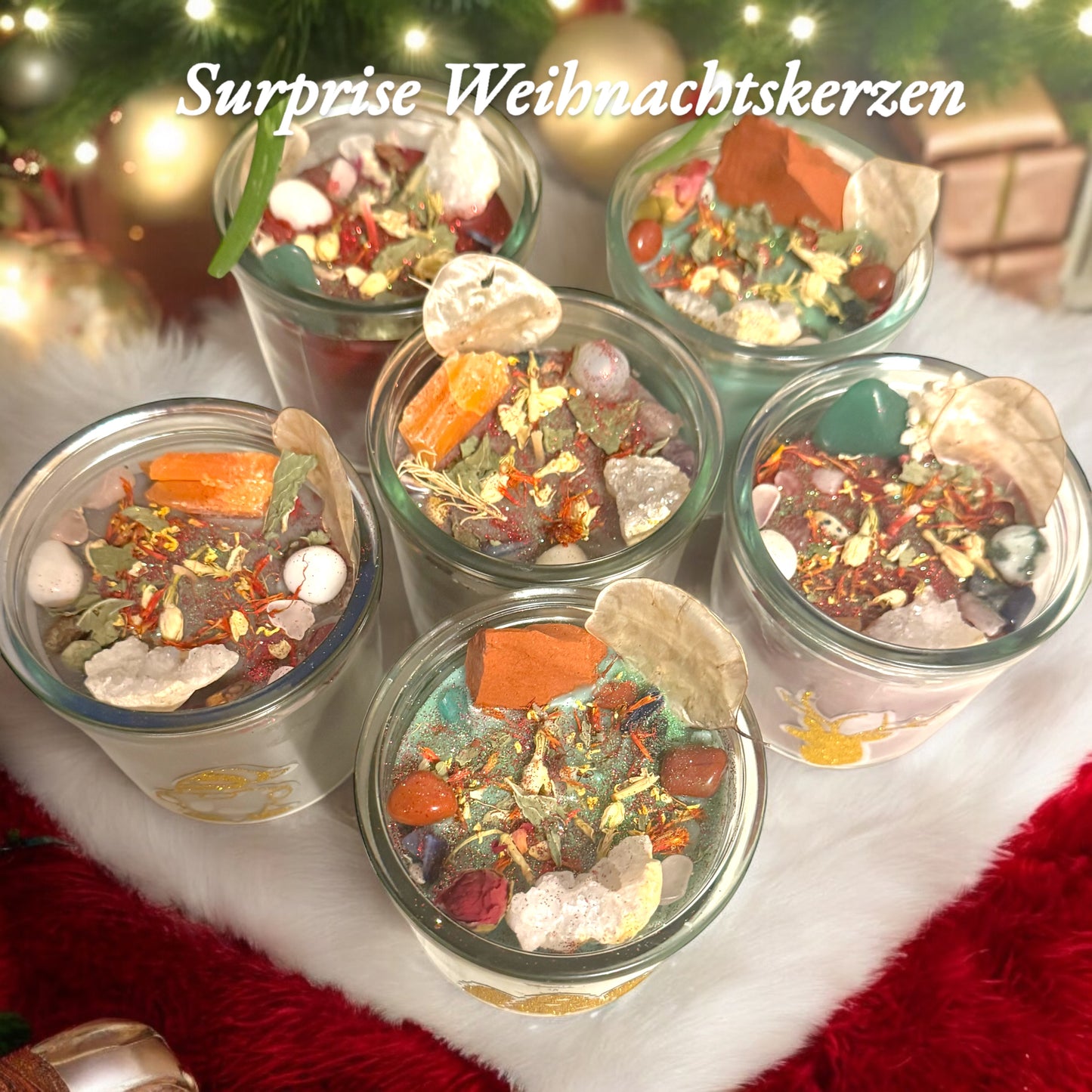 Große Edelsteinkerze "Weihnachten" Überraschungskerze im Glas mit Anleitung | Duftkerze | Ritualkerze | Kristallkerze mit Blüten und Edelsteinen |rot, grün oder grau| Sonder Weihnachts Sale