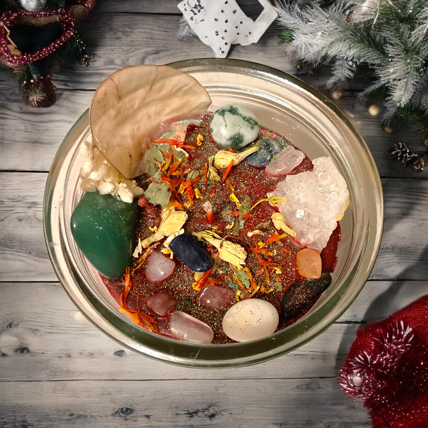 Große Edelsteinkerze "Weihnachten" Überraschungskerze im Glas mit Anleitung | Duftkerze | Ritualkerze | Kristallkerze mit Blüten und Edelsteinen |rot, grün oder grau| Sonder Weihnachts Sale