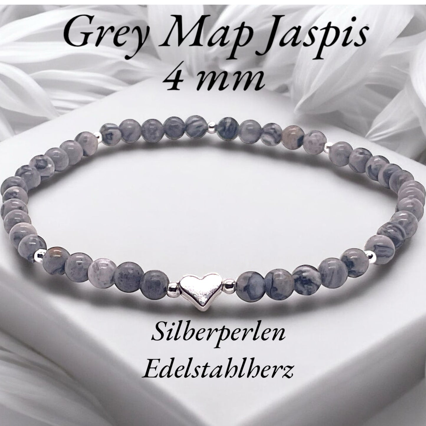 Edelstein Perlenarmband aus grauem Picasso Jaspis - Hochwertige Heilsteine mit 925 Silberperlen oder Herzchen - handgefertigt - in Geschenkbox - Kreativität und Entschlossenheit