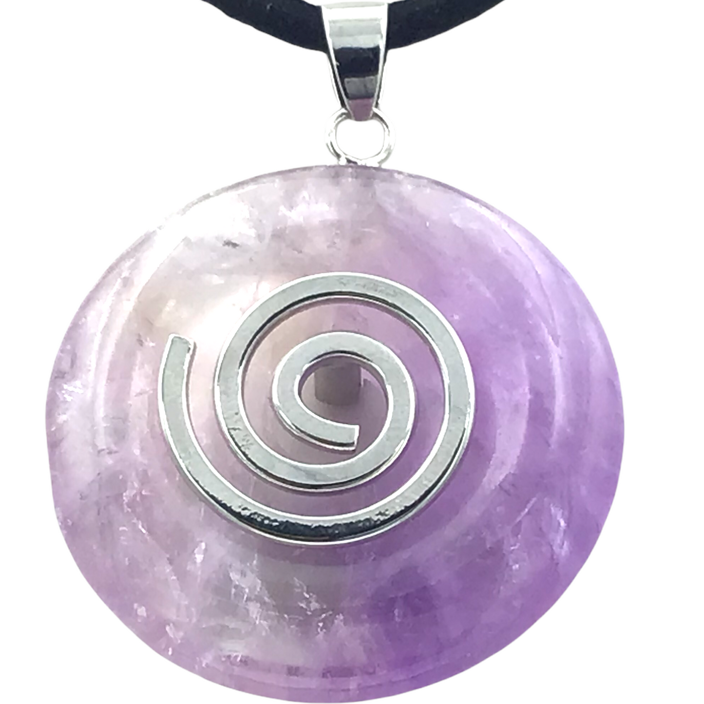 Premium Edelstein-Donut Amethyst top Qualität optional als Kette mit versilberter oder vergoldeter Spirale und Wildlederband