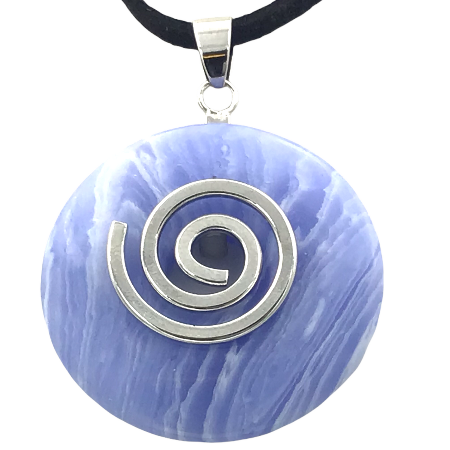 Premium Chalcedon Edelstein-Donut optional als Kette mit versilberter oder vergoldeter Spirale und Wildlederband