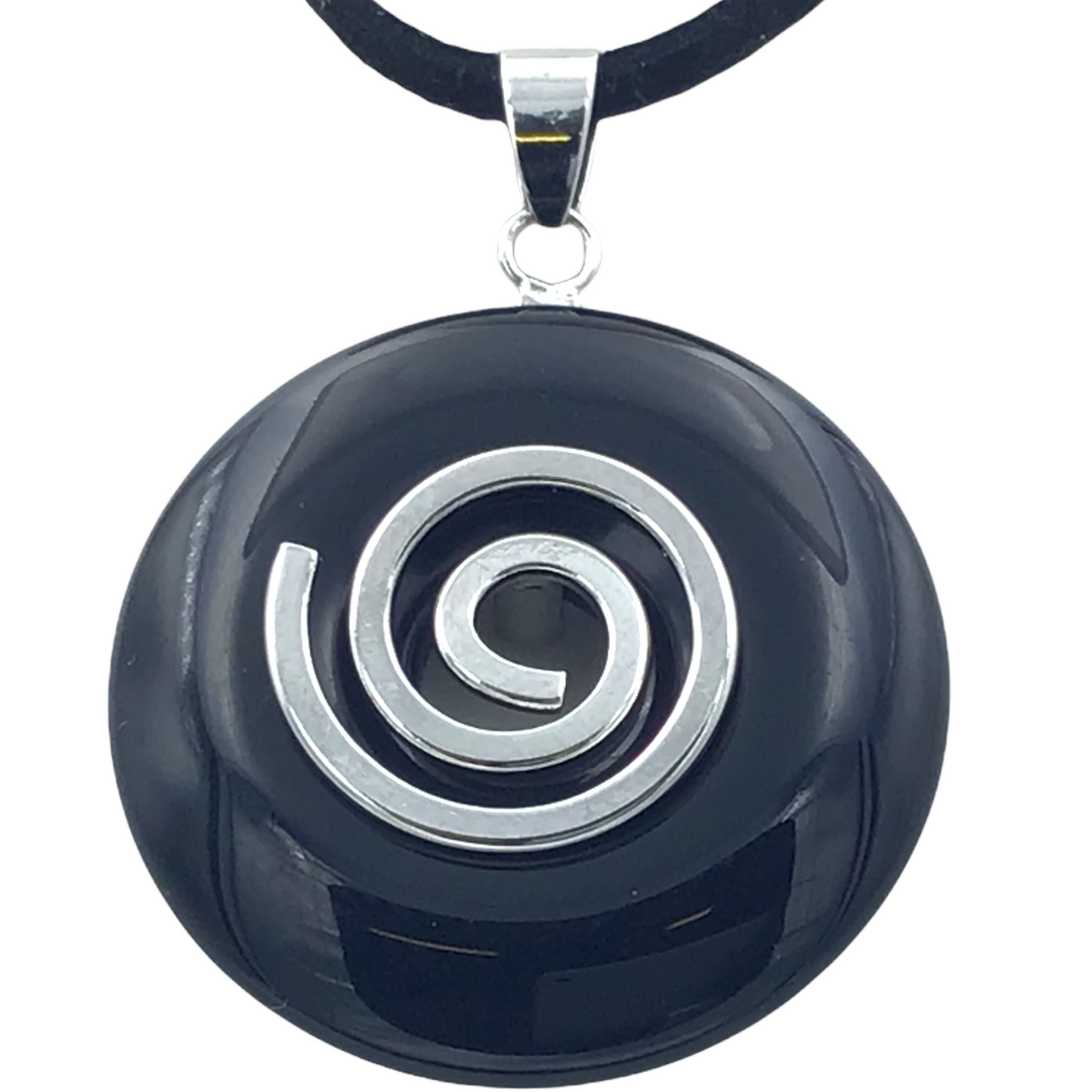 Premium Obsidian Edelstein-Donut optional als Kette mit versilberter oder vergoldeter Spirale und Wildlederband