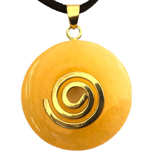 Premium Edelstein-Donut Orangencalcit optional als Kette mit versilberter oder vergoldeter Spirale und Wildlederband