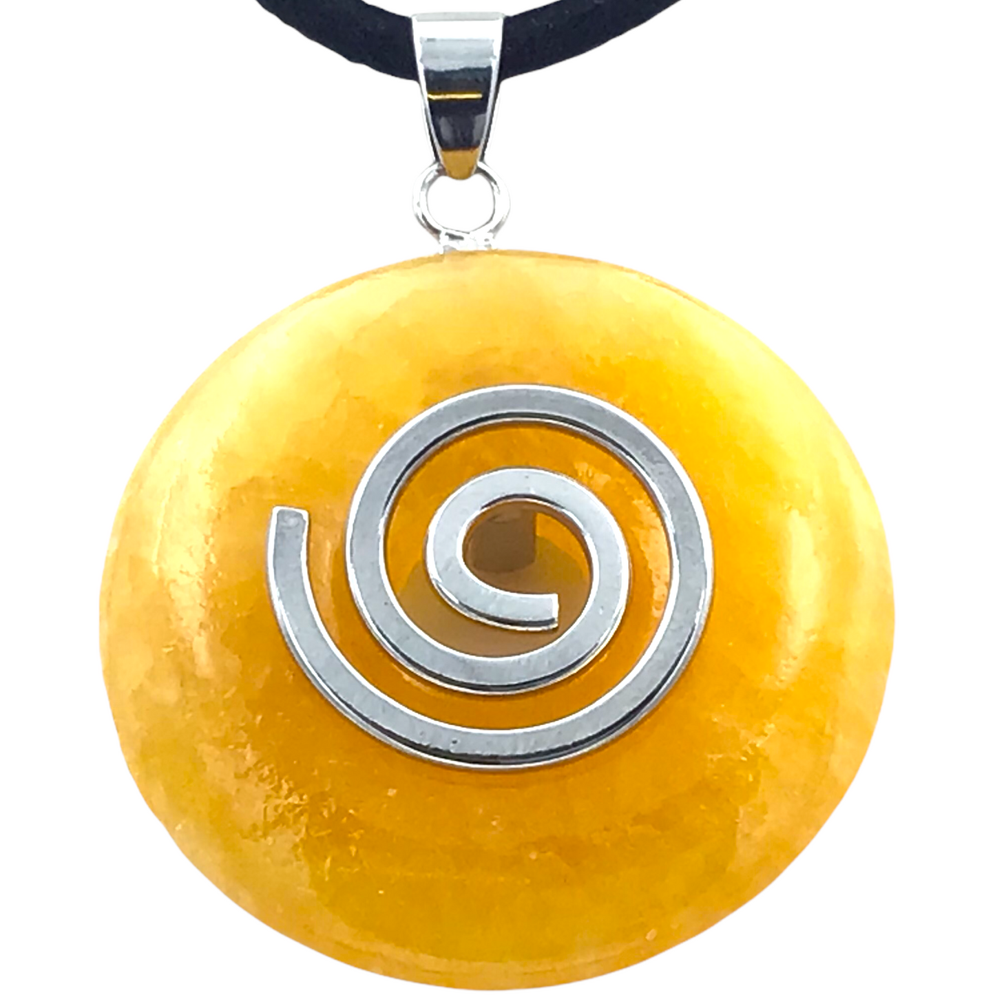 Premium Edelstein-Donut Orangencalcit optional als Kette mit versilberter oder vergoldeter Spirale und Wildlederband