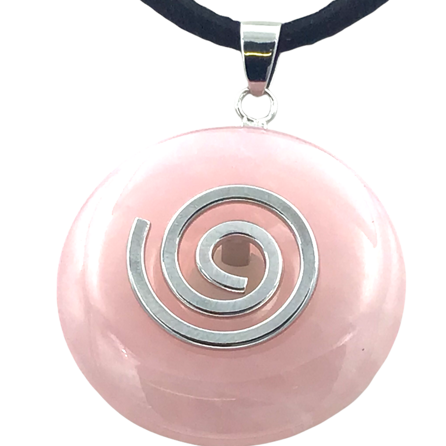 Premium Edelstein-Donut Rosenquarz optional als Kette mit versilberter oder vergoldeter Spirale und Wildlederband