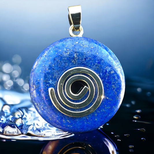 Premium Lapislazuli Edelstein-Donut optional als Kette mit versilberter oder vergoldeter Spirale und Wildlederband