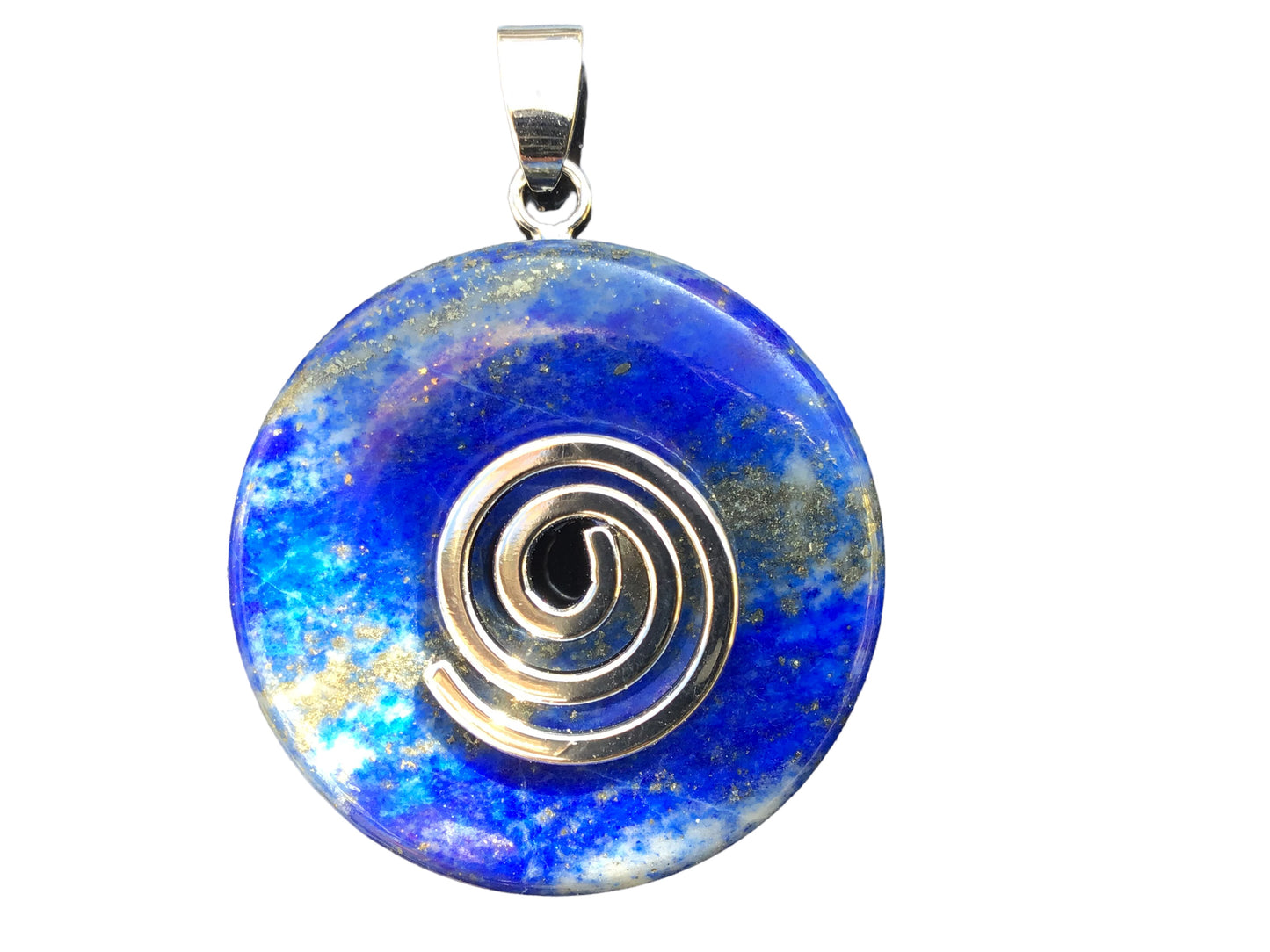 Premium Lapislazuli Edelstein-Donut optional als Kette mit versilberter oder vergoldeter Spirale und Wildlederband