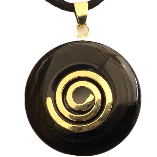 Premium Obsidian Edelstein-Donut optional als Kette mit versilberter oder vergoldeter Spirale und Wildlederband